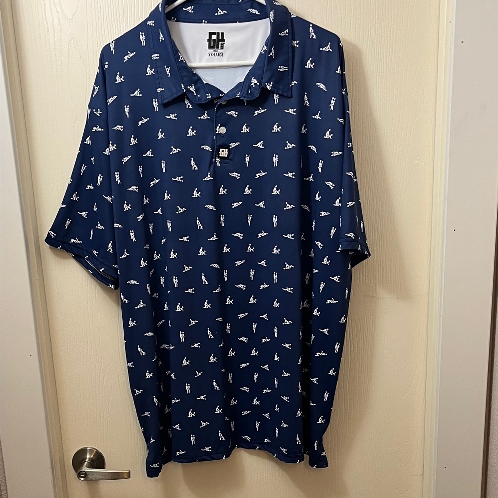 Adult theme Men's Blue Golf Polo with White Couples Design